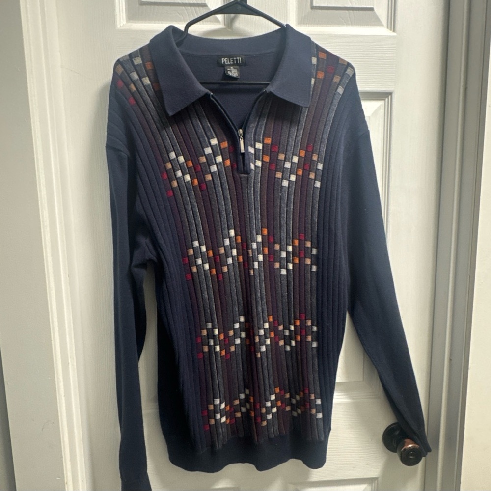 Men's Navy Zip-Up Sweater with Multicolor Design